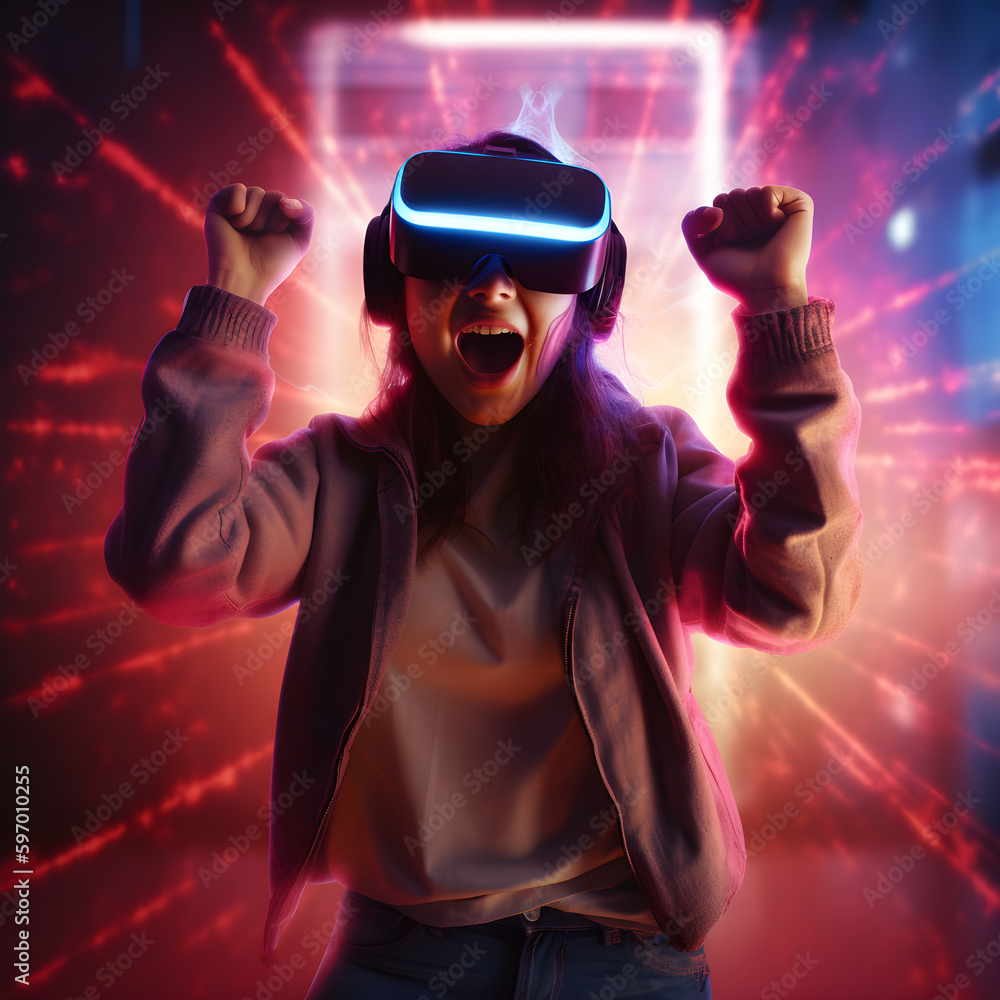 Person with VR headset, excited and happy Person with VR headset, excited and happy