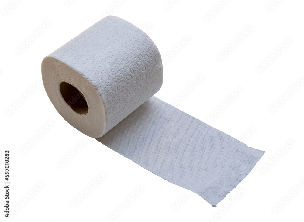 Fototapeta premium Single roll of white tissue paper or napkin prepared for use in toilet or restroom isolated on white background with clipping path in png file format
