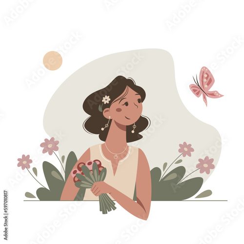 Cute cartoon girl with a bouquet of flowers. Nice young woman enjoy summer. Vector flat illustration.
