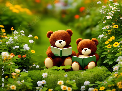 Teddy bears reading books in the garden. Generative ai