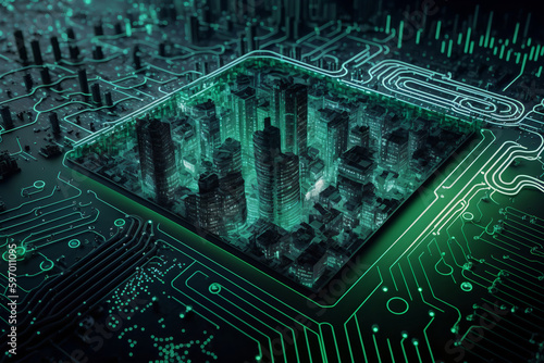 Smart city on circuit board background. Futuristic cyberspace concept. Generative AI