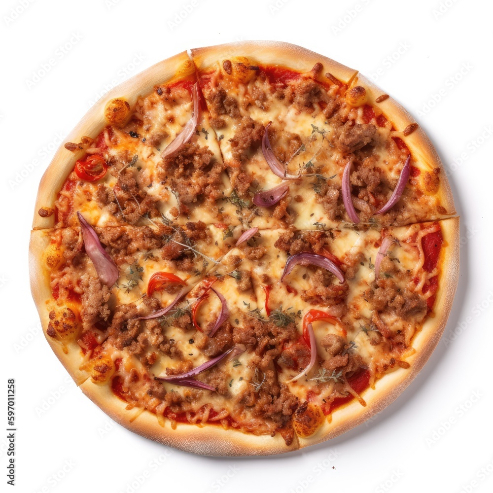 Meat Lovers pizza Top View Isolated on White. Generative AI Meat Lovers pizza Top View Isolated on White. Generative AI