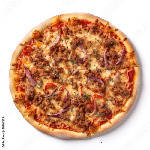 Meat Lovers pizza Top View Isolated on White. Generative AI