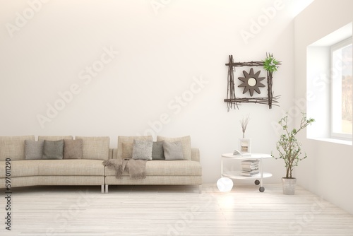 White living room with sofa. Scandinavian interior design. 3D illustration