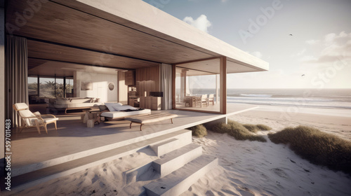 Minimalistic contemporary modern beach house. Generative AI