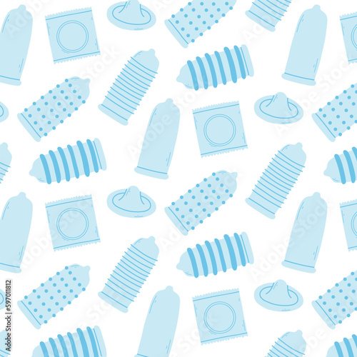Seamless pattern with condoms. Doodle print of different types of condoms. Vector illustration. Flat style. The method of contraception is condoms.