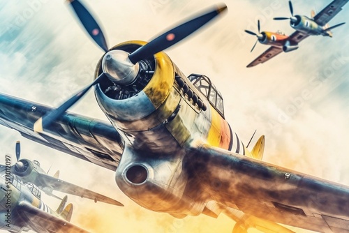 Watercolor painting of vintage fighter planes and equipment with an impressionist style. Generative AI