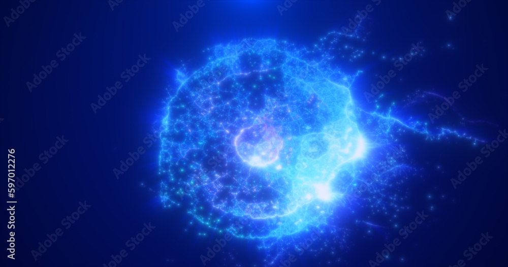 Abstract round blue particle sphere glowing energy science futuristic hi-tech background
