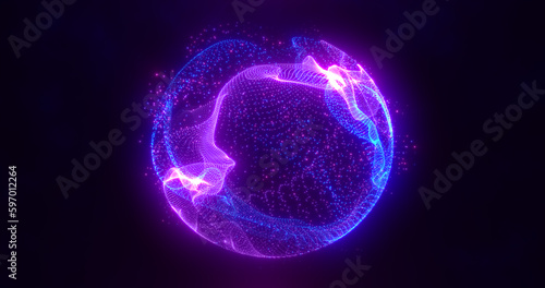 Abstract purple energy sphere of particles and waves of magical glowing on a dark background