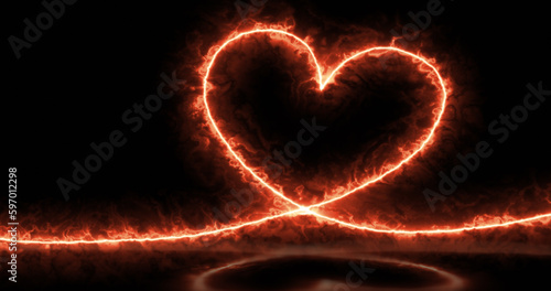 Abstract bright orange fiery energy light love heart with reflections and fire abstract background