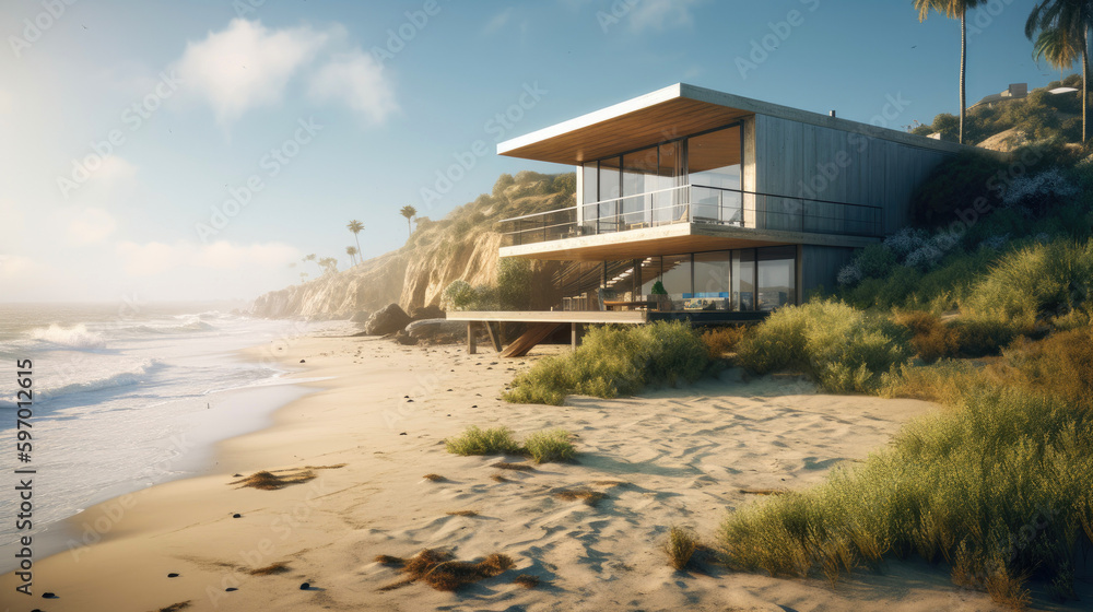 Minimalistic contemporary modern beach house. Generative AI