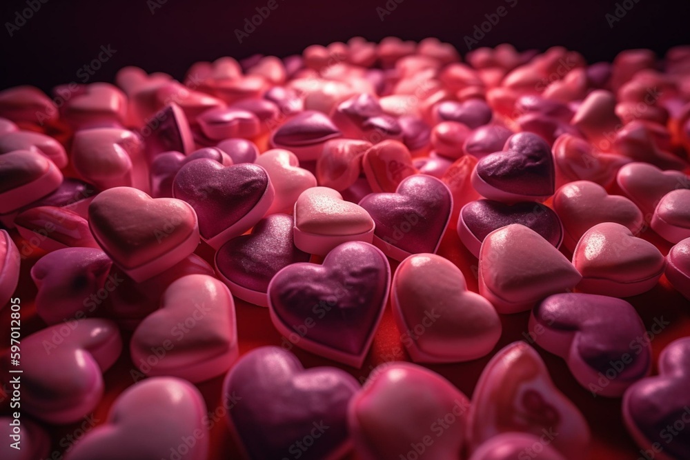 Pink background adorned with luminous, delicate love hearts for Valentine's Day. Generative AI