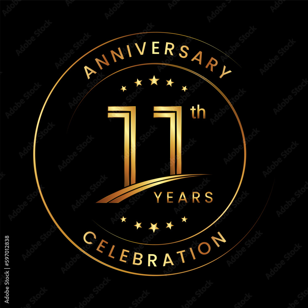 11th Anniversary. Anniversary logo design with gold color ring and text ...