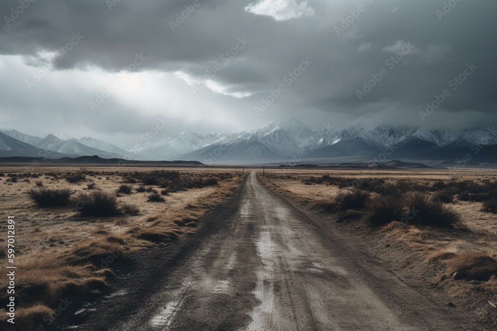 A snowy mountain range looms in the distance as a dirt road winds towards it, under a dark cloudy sky. Generative AI