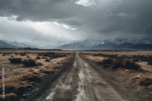 A snowy mountain range looms in the distance as a dirt road winds towards it  under a dark cloudy sky. Generative AI