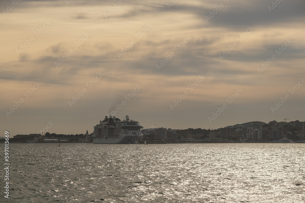 Huge modern luxury cruiseship cruise ship liner Bellissima in port of Palma de Mallorca, Spain during Mediterranean cruising