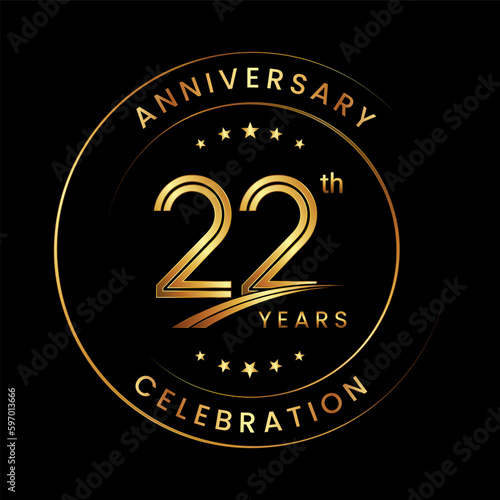 22th Anniversary. Anniversary logo design with gold color ring and text for anniversary celebration events. Logo Vector Template