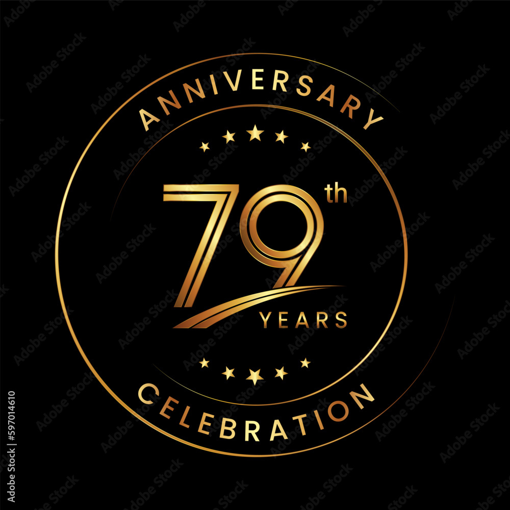 79th Anniversary. Anniversary logo design with gold color ring and text for anniversary celebration events. Logo Vector Template 79th Anniversary. Anniversary logo design with gold color ring and text for anniversary celebration events. Logo Vector Template