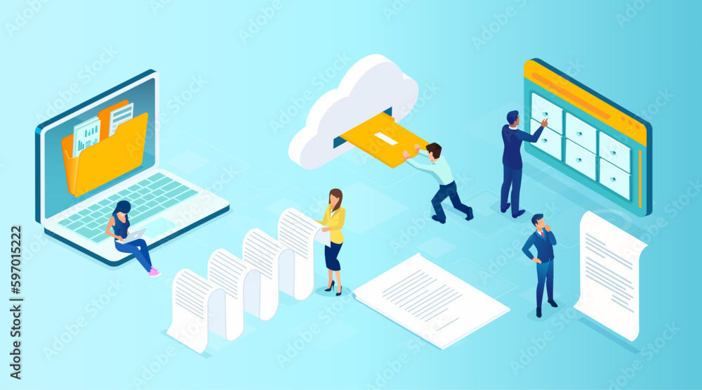Fototapeta premium Vector of people managing data files using cloud services