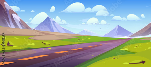 Road and mountain cartoon landscape. Blue sky and green grass on straight way to horizon. Empty summer journey path scene with alps for game adventure. Asphalt freeway and mountains angle view