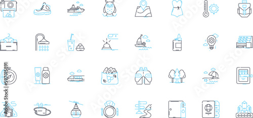 Adventure trips linear icons set. Expedition, Safari, Trekking, Exploration, Rafting, Climbing, Hiking line vector and concept signs. Canoeing,Mountaineering,Adventure outline Generative AI