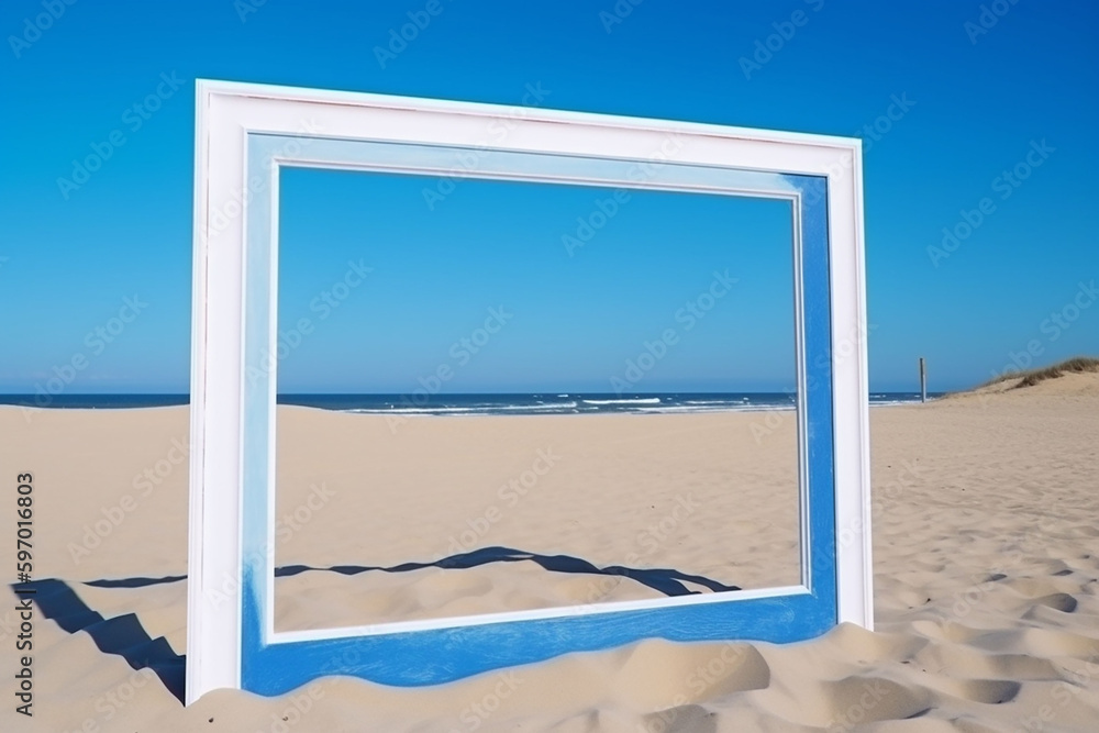 Fototapeta premium Photo frame on the sand dunes with blue sky in the background. Generative AI