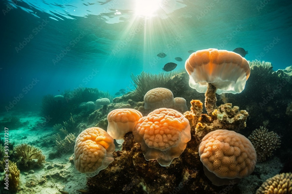 Mushrooms floating by corals and sponges with sunlight and bubbles on