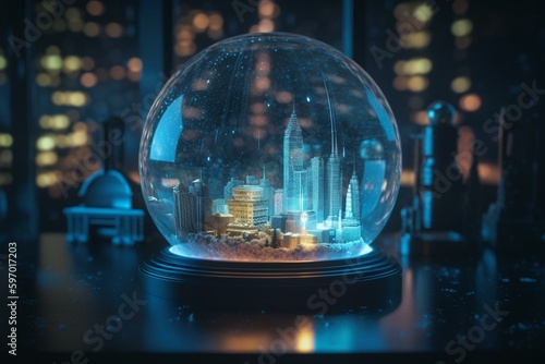 A tiny city inside a snow globe with neon lights - digital artwork. Generative AI