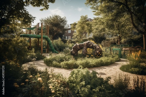 A recreational area for children in a green space. Generative AI © Yvaine