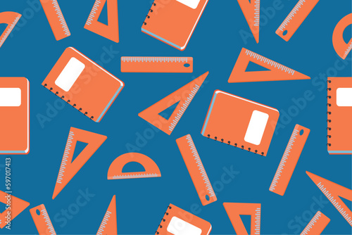 Seamless pattern of school rulers and notepad. School education, the concept of education, study, mathematics and geometry, drawing tools. Vector illustration.
