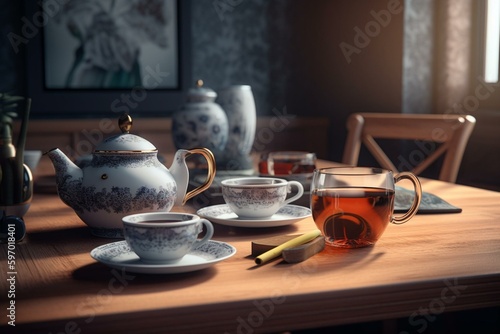 3D rendered illustration of a tea break. Generative AI