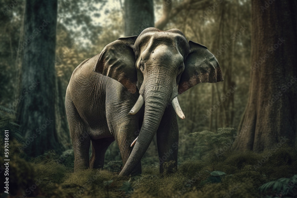 Fototapeta premium Vibrant portrait of a beautiful elephant surrounded by colorful florals in nature, Generative AI