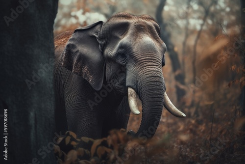 Vibrant portrait of a beautiful elephant surrounded by colorful florals in nature, Generative AI