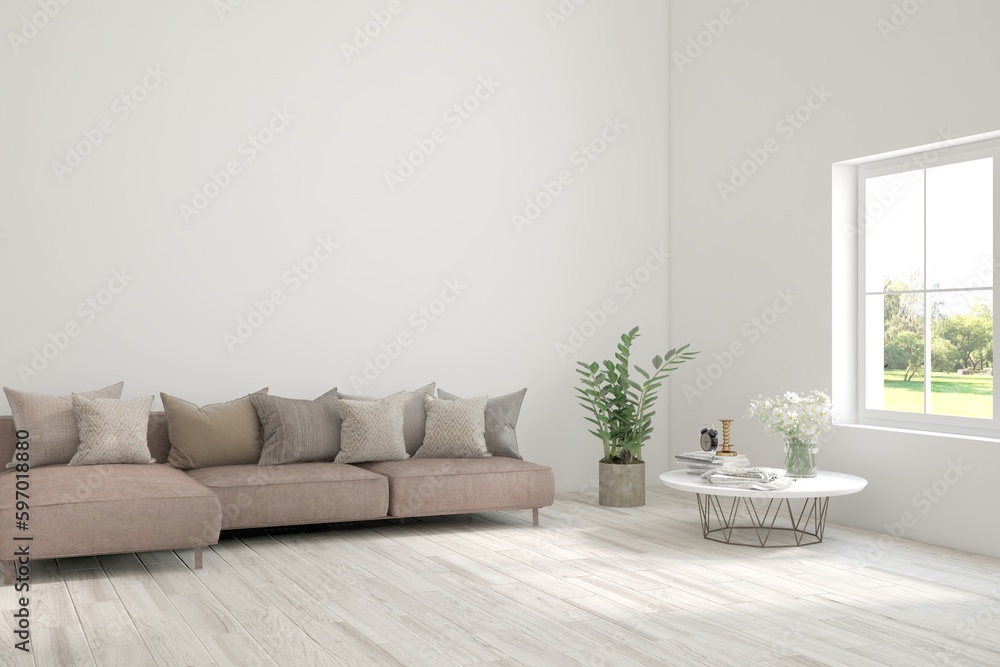Fototapeta premium White living room with sofa. Scandinavian interior design. 3D illustration