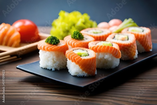 close up shot of sushi with salmon and wasabi on table, generative ai