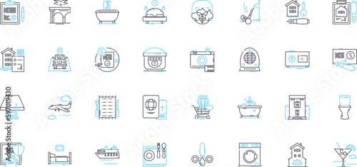 Beach resorts linear icons set. Sand, Waves, Sun, Seafood, Surf, Relaxation, Paradise line vector and concept signs. Palm trees,Fun,Tropical outline illustrations Generative AI