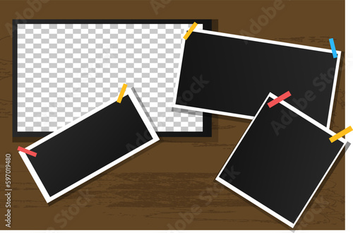 vector set off Polaroid photo frames fixed with adhesive tape on a transparent background. Photo frame on sticky tape, isolated.