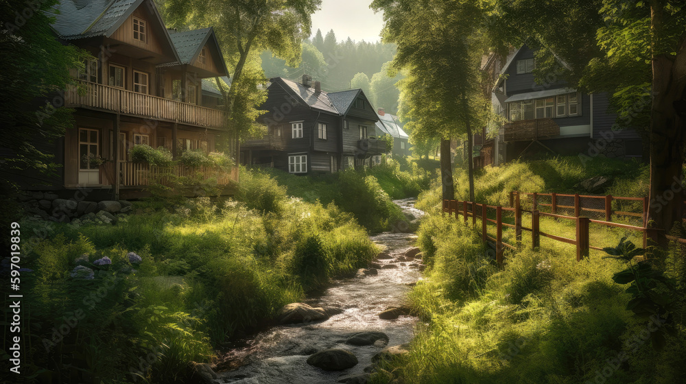 Scandinavian-style suburban houses village, that breaks away from the conventional asphalt roads and instead is covered in a thriving, wild green forest with a tranquil stream running through it. Scandinavian-style suburban houses village, that breaks away from the conventional asphalt roads and instead is covered in a thriving, wild green forest with a tranquil stream running through it.