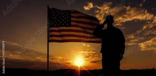 A soldier saluting in front of an American flag