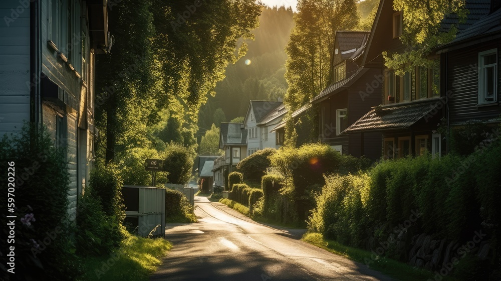 Scandinavian-style suburban houses village, that breaks away from the conventional asphalt roads and instead is covered in a thriving, wild green forest with a tranquil stream running through it.