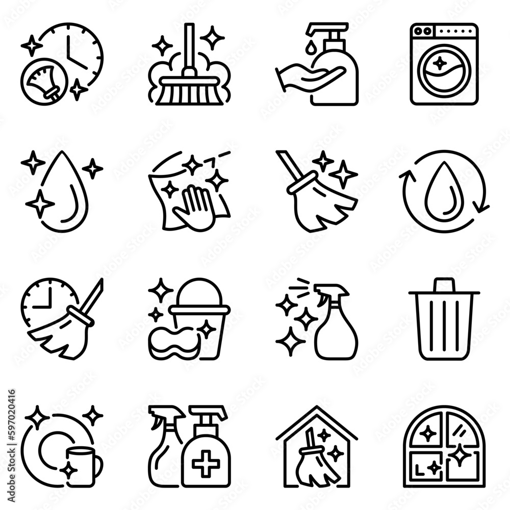 cleaning line icons set. wash, spray, stroke, dust, hygiene, outline, cloth, maid, drop, liquid, service, window, brush, tool, housekeeping, dirty, soap, washing, mop, household, work, washer