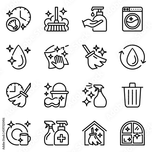 cleaning line icons set. wash, spray, stroke, dust, hygiene, outline, cloth, maid, drop, liquid, service, window, brush, tool, housekeeping, dirty, soap, washing, mop, household, work, washer