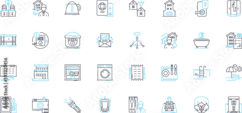 Hospitality industry linear icons set. Accommodation, Amenities, Banquet, Beverages, Breakfast, Catering, Cleanliness line vector and concept signs. Comfort,Concierge,Conference outline Generative AI