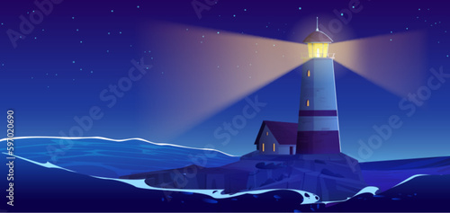 Cartoon night seascape with lighthouse island. Vector illustration of old beacon tower illuminating stormy sea waves, many stars on midnight sky, house on rock. Retro building for voyage navigation
