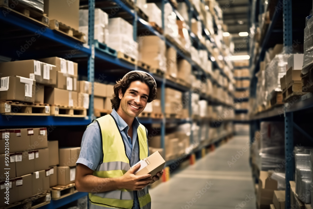 Warehouse worker in warehouse picks goods or packages - mail order, logistics or inventory theme - Generative AI Warehouse worker in warehouse picks goods or packages - mail order, logistics or inventory theme - Generative AI