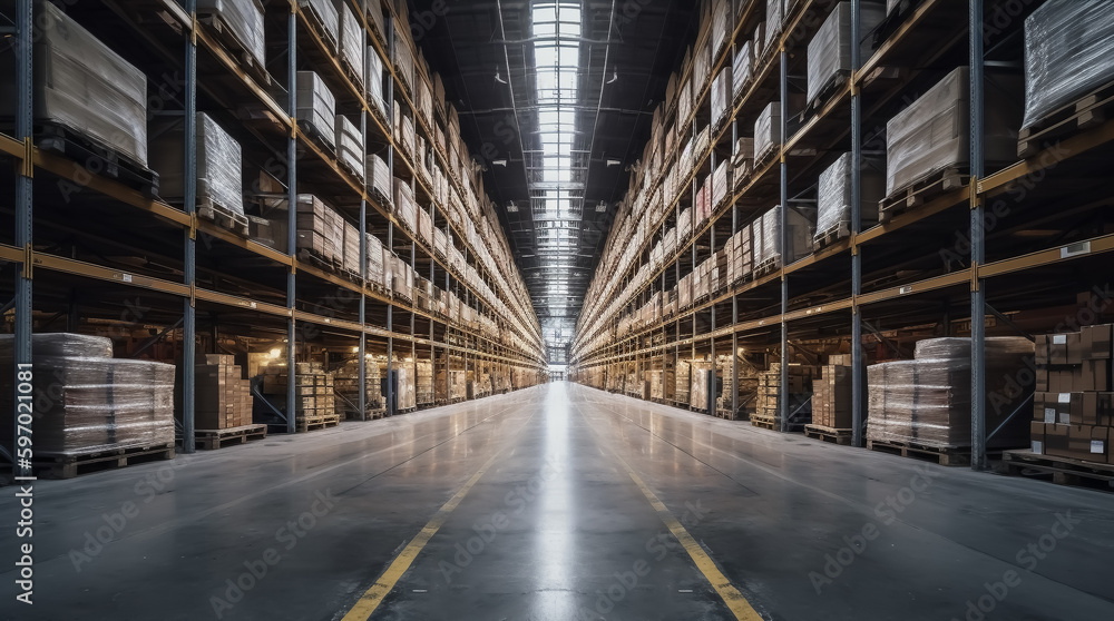 Warehouse or department store with pallets, packages and high shelves with goods and merchandise - logistics, shipping and sales theme - Generative AI.
