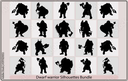 Viking with axe detailed vector silhouette,Gnome and dwarfs blacksmith, gunslinger and warrior silhouette,Black silhouette of a fantasy dwarf