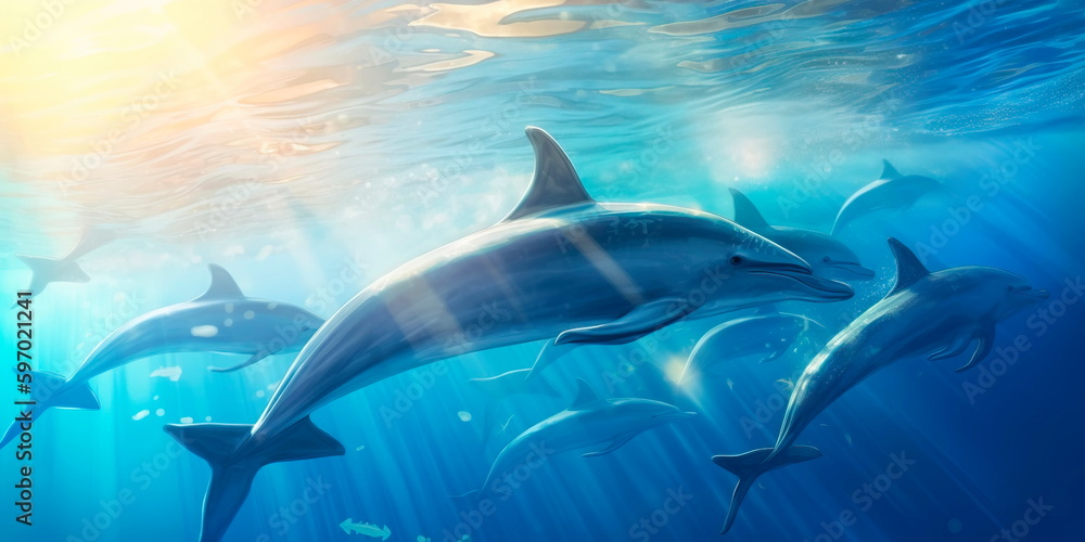 Fototapeta premium pod of dolphins swimming in the ocean, with sunlight filtering through the water and fish swimming around them Generative AI