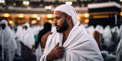 performing the Hajj pilgrimage during Eid al-Adha, dressed in Ihram and praying in front of the Kaaba Generative AI photo