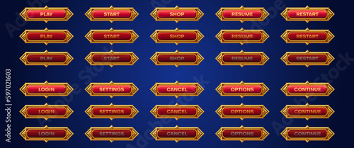 Cartoon set of medieval game buttons animation set. Vector illustration of red bars with golden frames. Play, start, shop, resume, restart, login, settings, cancel, option, continue sprite sheet